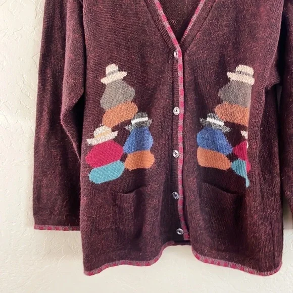Women's Burgundy Cardigan with Colorful Accents - Picture 2 of 10
